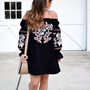 Free People Mini Dress Embroidered Womens XS Off Shoulder Y2K Boho Chic Babydoll